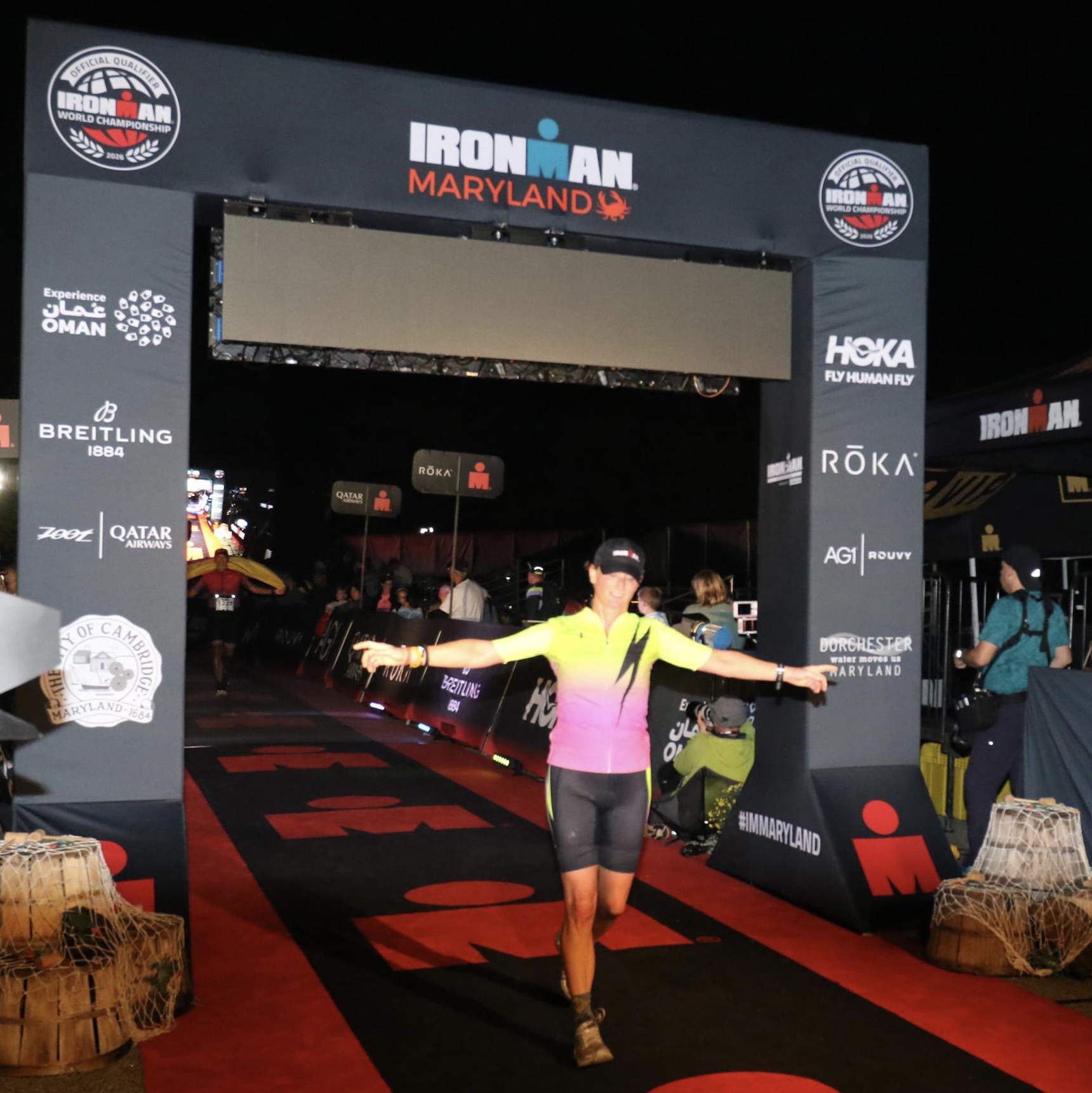 Sundy finishing Ironman Maryland at night